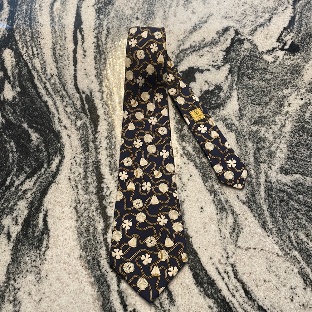 CHANEL Mens Silk Blue Logo Tie